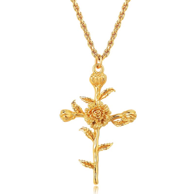 Christianartworkshop Polished Zinc Alloy Birth Flower Cross Necklace: Icon of Warm Heavenly Blessing - Calendula - image 11