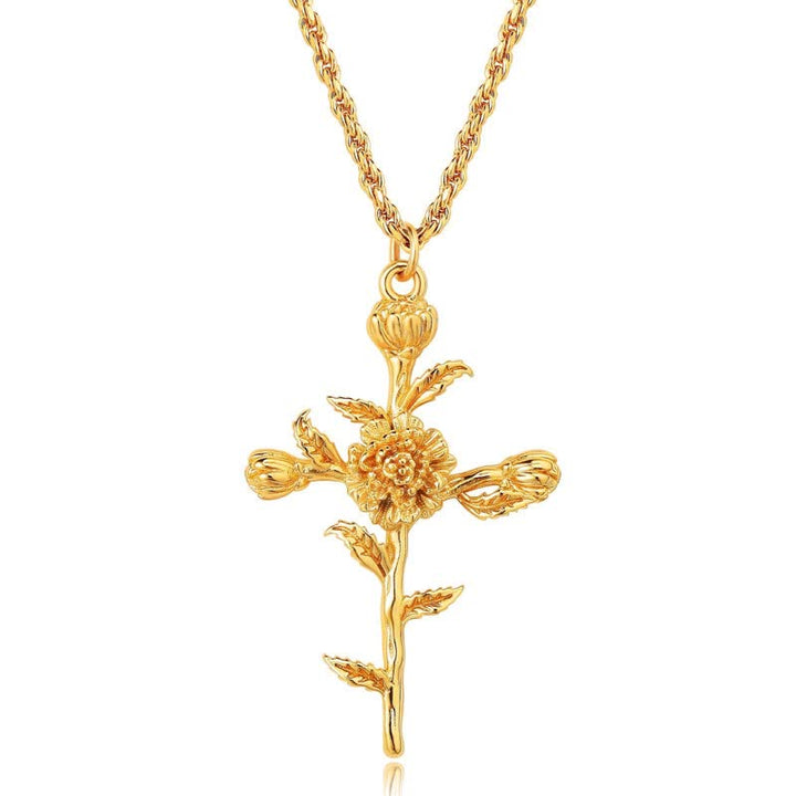 Christianartworkshop Polished Zinc Alloy Birth Flower Cross Necklace: Icon of Warm Heavenly Blessing - Calendula - image 11