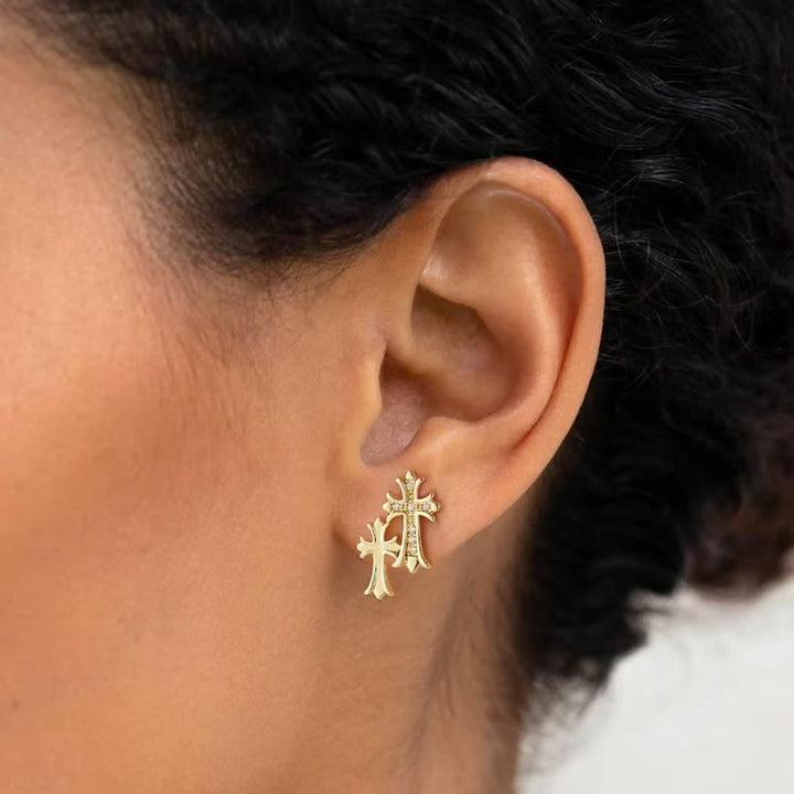 Christianartworkshop Polished Copper Double Cross Stud Earrings: Icon of Warm Heavenly Blessing - Golden - image 0