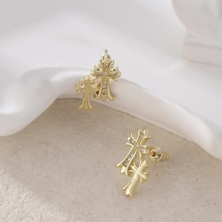 Christianartworkshop Polished Copper Double Cross Stud Earrings: Icon of Warm Heavenly Blessing - image 1