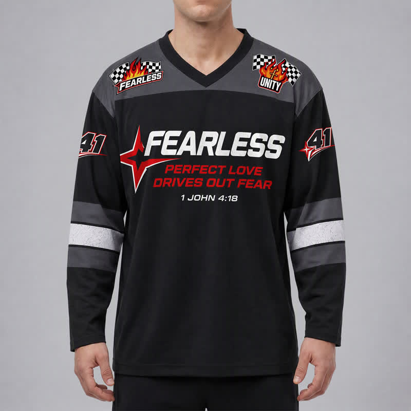 Christianartworkshop Fearless Black Racing Flag Long Sleeve Hockey Jersey - image 3