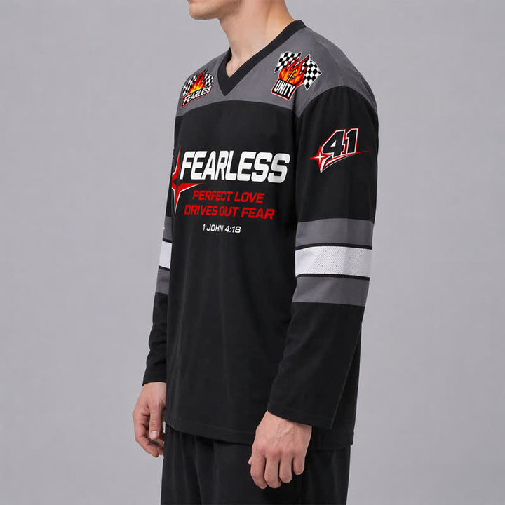 Christianartworkshop Fearless Black Racing Flag Long Sleeve Hockey Jersey - image 5