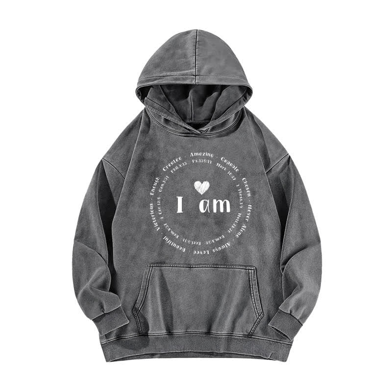 Christianartworkshop I Am Heart Print Vintage Wash Fleece Hoodie - Grey - 5XL - image 1