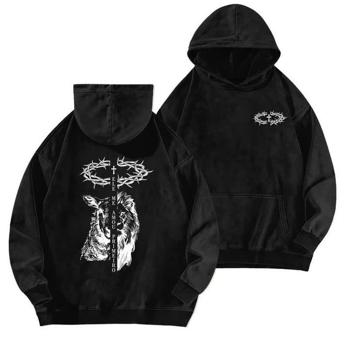 Christianartworkshop Crown Of Thorns Cross Graphic Beige Washed Hoodie - Black - 5XL - image 3
