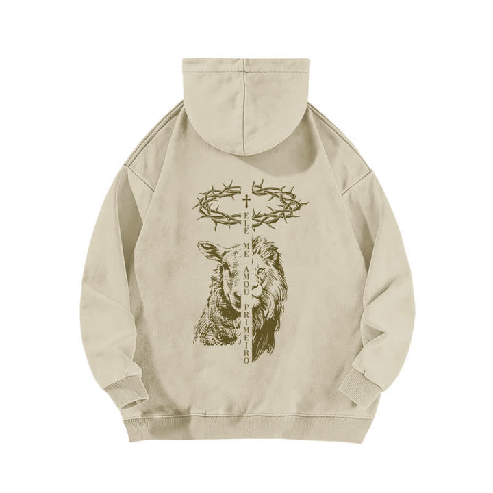 Christianartworkshop Crown Of Thorns Cross Graphic Beige Washed Hoodie - image 1