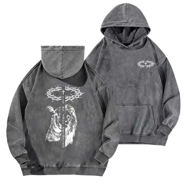 Christianartworkshop Crown Of Thorns Cross Graphic Beige Washed Hoodie - Grey - 5XL - image 6