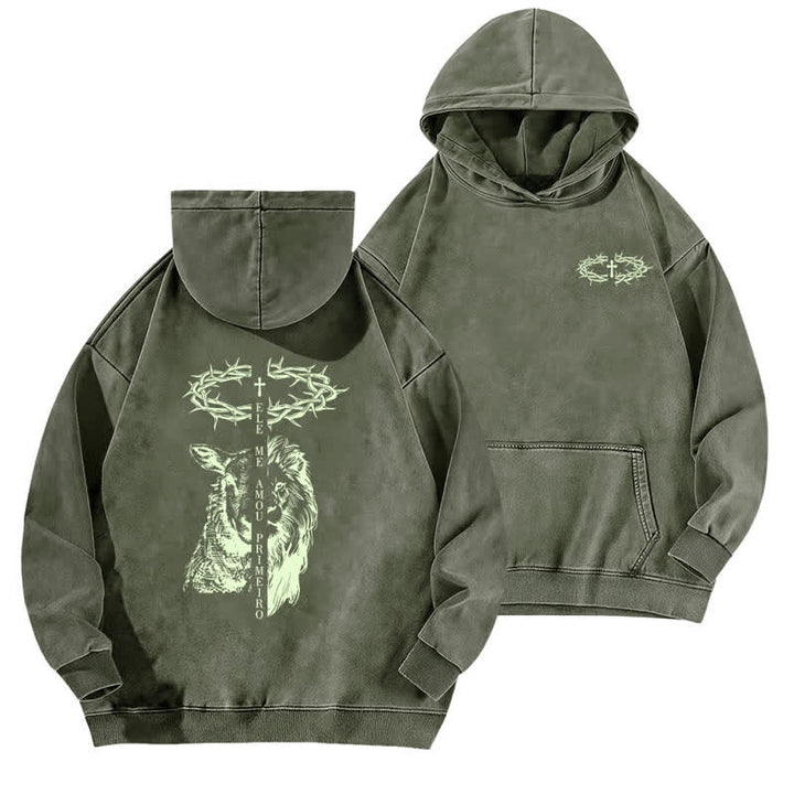 Christianartworkshop Crown Of Thorns Cross Graphic Beige Washed Hoodie - Army Green - 5XL - image 9