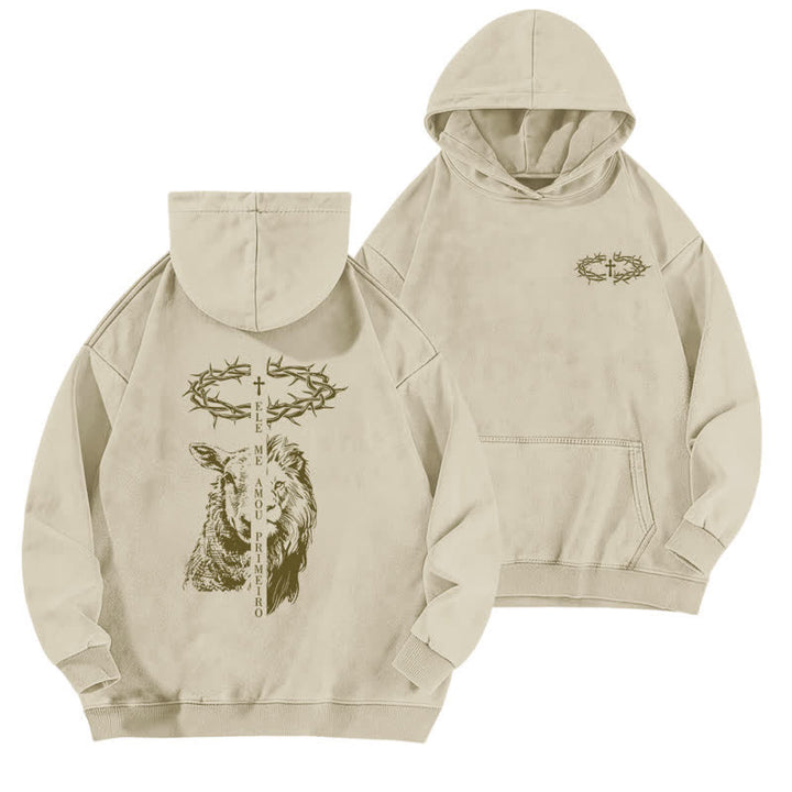 Christianartworkshop Crown Of Thorns Cross Graphic Beige Washed Hoodie - Apricot - 5XL - image 0