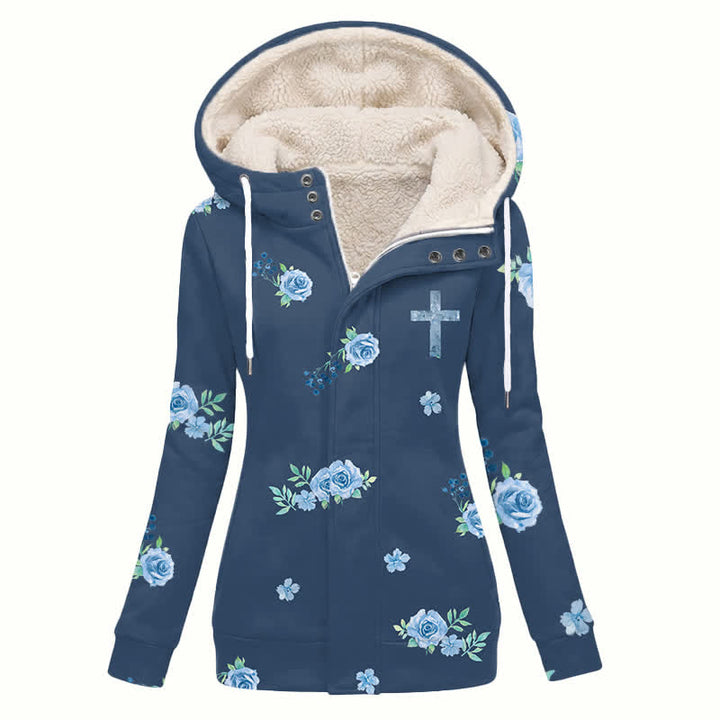 Christianartworkshop Navy Rose Cross Hooded Women's Fleece Coat - US16,UK/AU20,EU48(4XL) - image 0