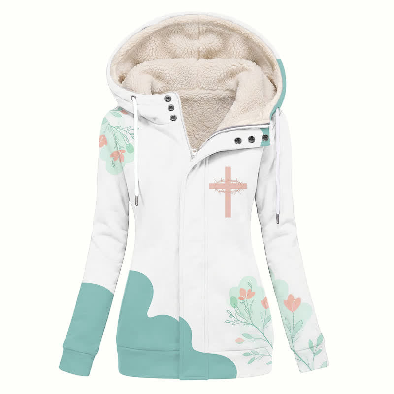 Christianartworkshop Floral Cross Hooded Sherpa Lined Women's Fleece Coat - US16,UK/AU20,EU48(4XL) - image 0