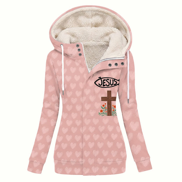 Christianartworkshop Pink Jesus Cross Heart Print Hooded Women's Fleece Coat - US16,UK/AU20,EU48(4XL) - image 0