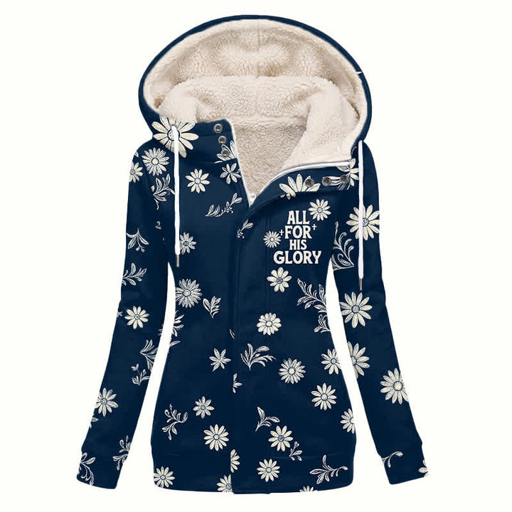 Christianartworkshop Navy Daisy Print Hooded Zip Women's Fleece Coat - US16,UK/AU20,EU48(4XL) - image 0