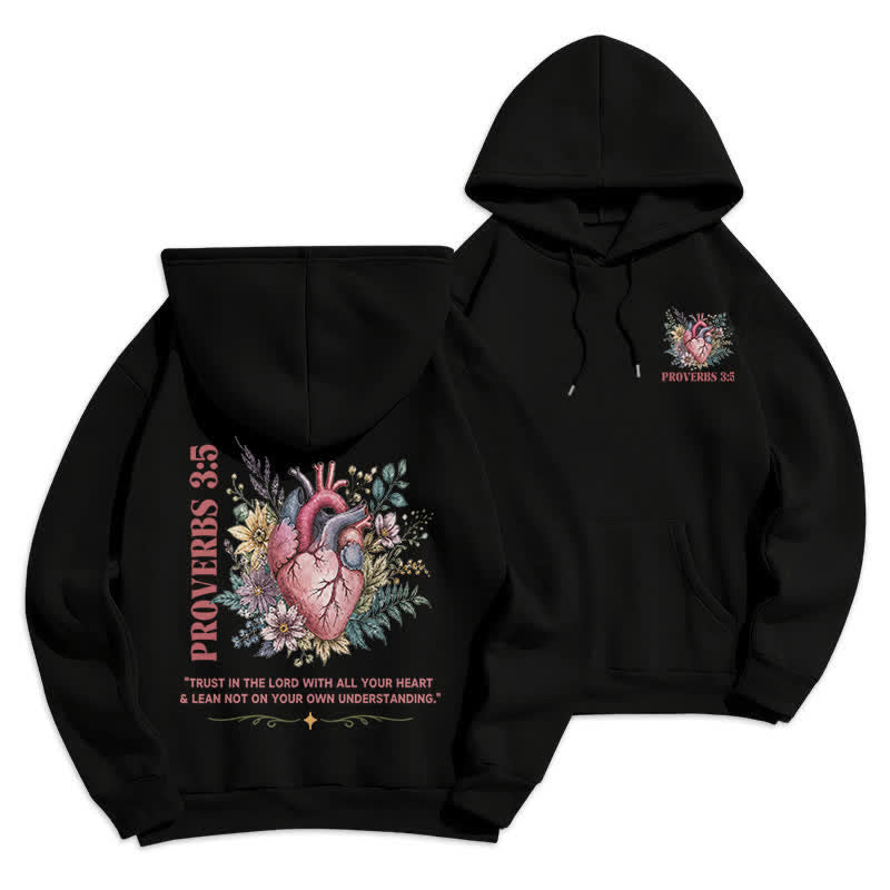 Christianartworkshop Proverbs 3:5 Floral Heart Streetwear Fleece Lined Hoodie - Black - 2XL - image 3