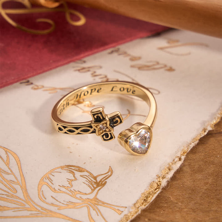 Christianartworkshop Inscribed Faith Hope Love Cross Heart Ring: Token of Gentle Divine Comfort - Golden(Suitable for US Sizes 6-9) - image 1