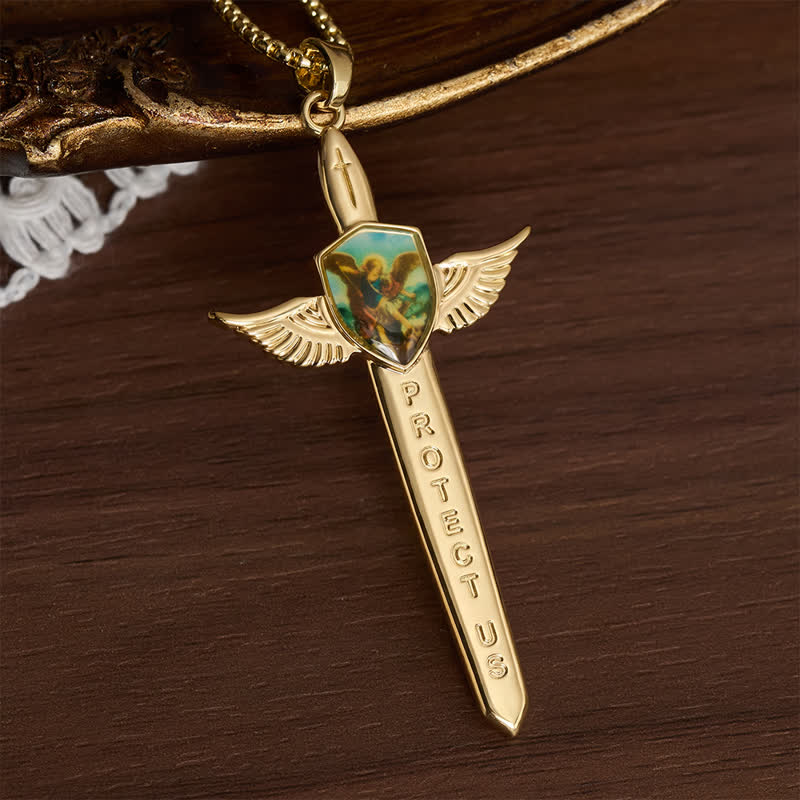 Christianartworkshop Uplifting Double-Face St. Michael Wing Sword Cross Necklace - Golden - image 0