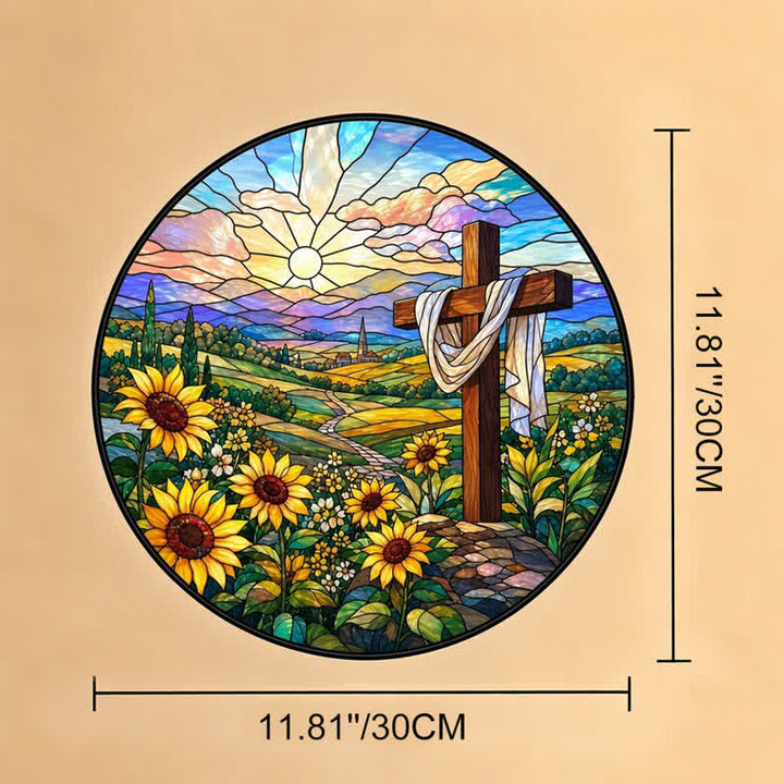 Christianartworkshop Sunrise Sunflower Cross Round Glass Suncatcher: Token of Gentle Divine Renewal - 11.81''*11.81''*0.14''/30*30*0.35cm - image 11