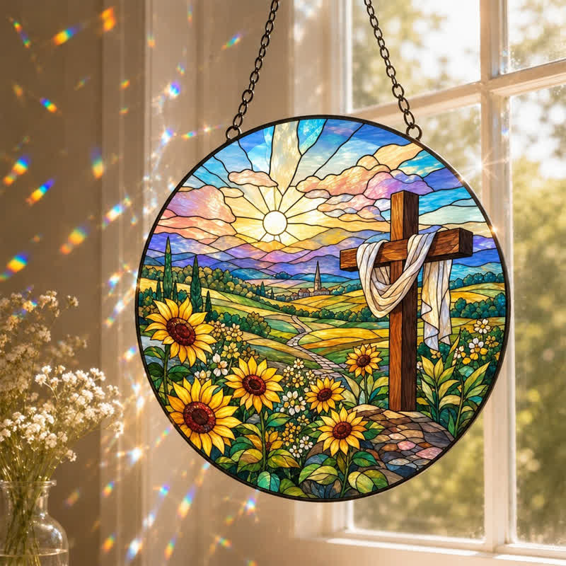 Christianartworkshop Sunrise Sunflower Cross Round Glass Suncatcher: Token of Gentle Divine Renewal - image 0