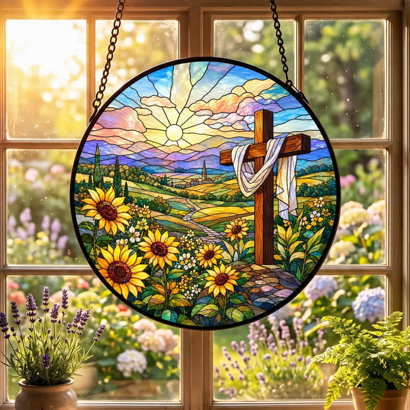Christianartworkshop Sunrise Sunflower Cross Round Glass Suncatcher: Token of Gentle Divine Renewal - image 7