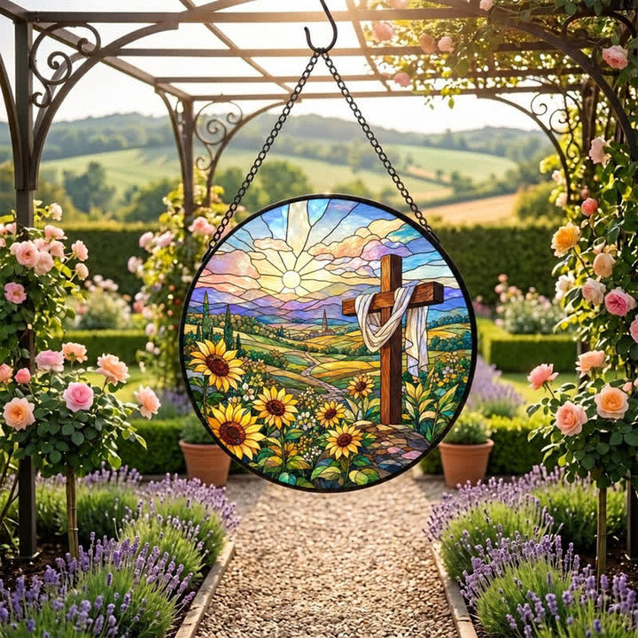 Christianartworkshop Sunrise Sunflower Cross Round Glass Suncatcher: Token of Gentle Divine Renewal - image 6