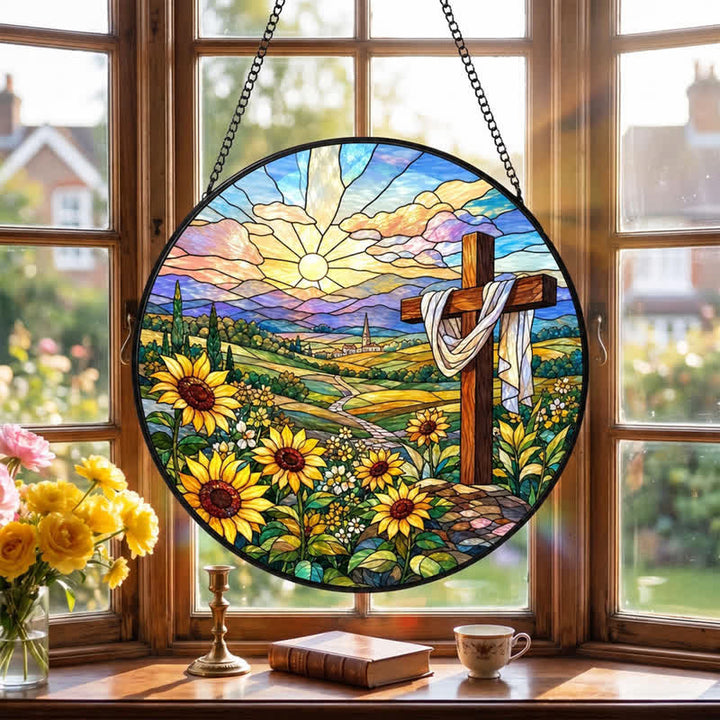Christianartworkshop Sunrise Sunflower Cross Round Glass Suncatcher: Token of Gentle Divine Renewal - image 4