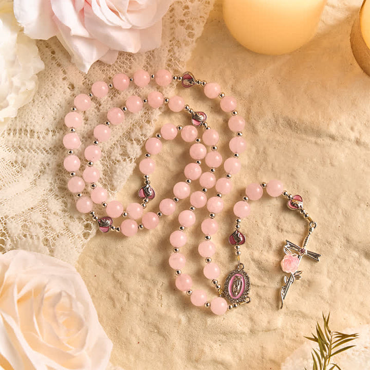 Christianartworkshop Blush Rose Quartz Rosary With Our Lady Medallion & Rose Cross: Token of Tender Divine Love - image 2
