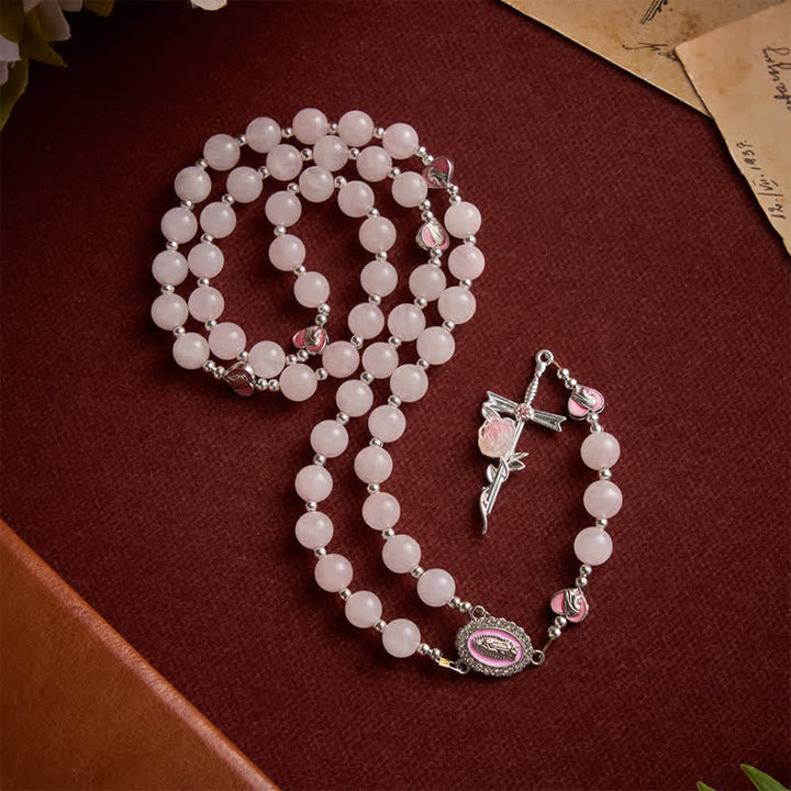 Christianartworkshop Blush Rose Quartz Rosary With Our Lady Medallion & Rose Cross: Token of Tender Divine Love - image 4