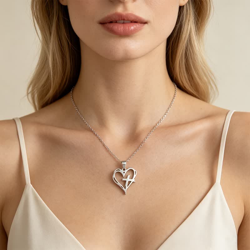 Christianartworkshop Minimal Polished Heart Cross Stainless Steel Pendant: Emblem of Holy Heavenly Favor - image 1