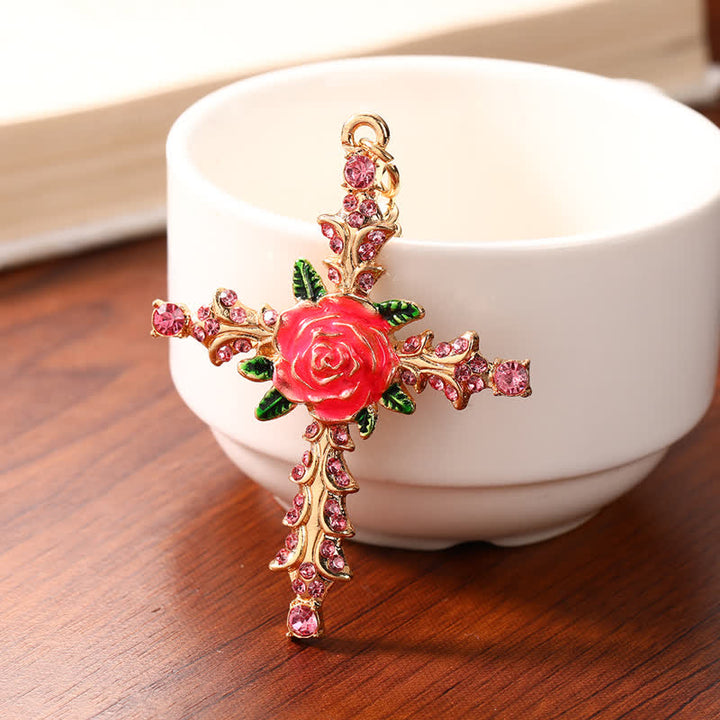 Christianartworkshop Floral Decorated Zinc Alloy Cross Keychain: Token of Tender Divine Affection - Pink - image 5