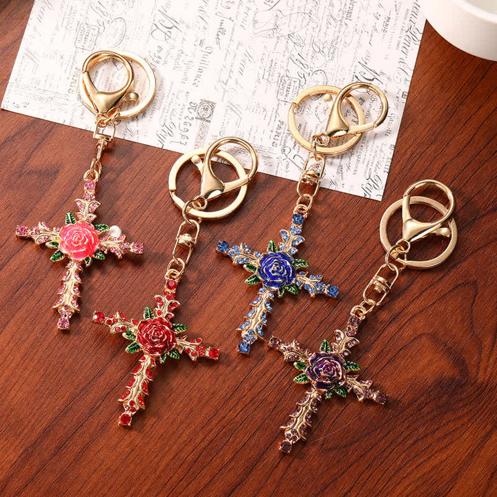 Christianartworkshop Floral Decorated Zinc Alloy Cross Keychain: Token of Tender Divine Affection - image 0