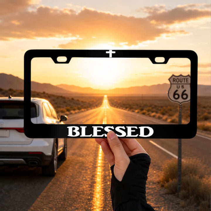 Christianartworkshop Minimalist Cross Blessed Metal Car Frame: Roadside Reminder of Blessings - image 1