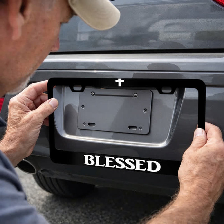 Christianartworkshop Minimalist Cross Blessed Metal Car Frame: Roadside Reminder of Blessings - 12.2"*6.3"*0.4"/31cm*16cm*1cm(Standard 6"x12" US plate size) - image 0