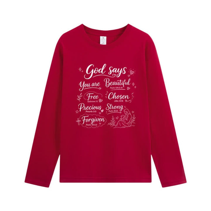 Christianartworkshop God Says You Are Beautiful Graphic Long Sleeve T-Shirt - Wine - 4XL - image 5