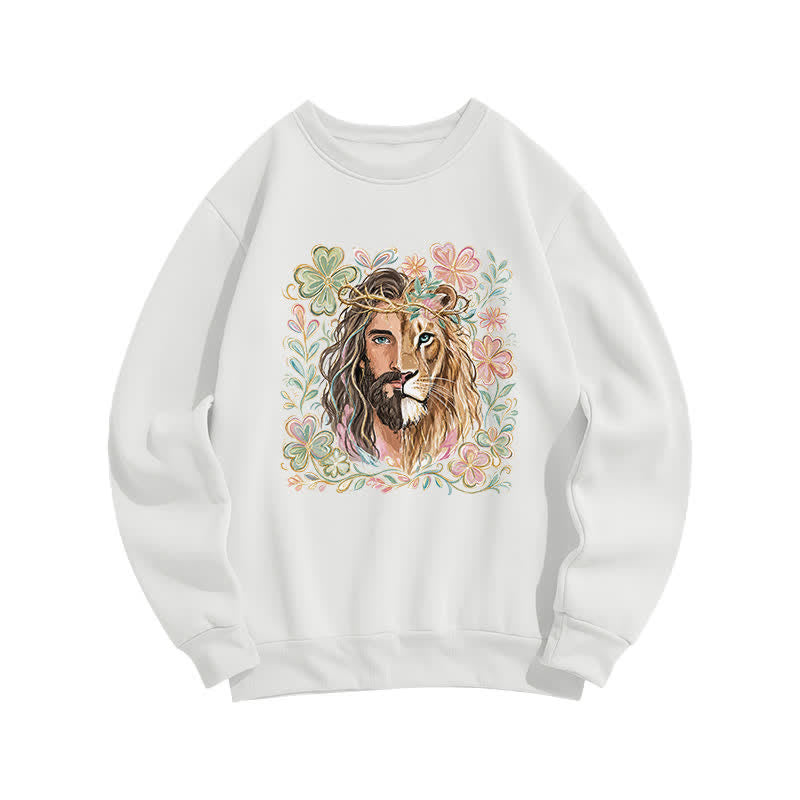 Christianartworkshop Lion Of Judah Floral Portrait Crewneck Sweatshirt - White - 2XL - image 0