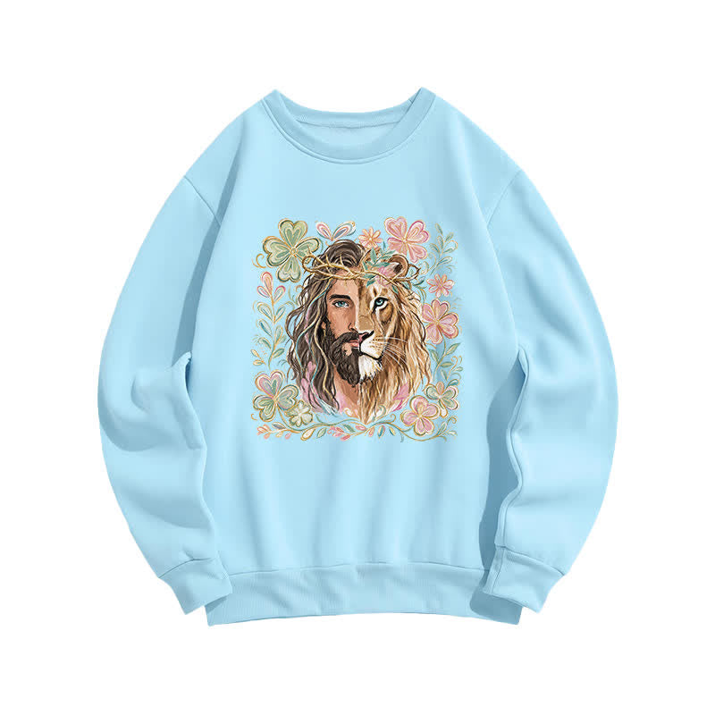 Christianartworkshop Lion Of Judah Floral Portrait Crewneck Sweatshirt - Blue - 2XL - image 1