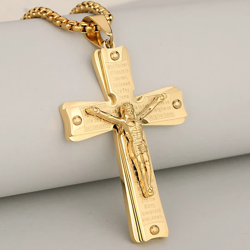 Christianartworkshop Four-Styled Stainless Steel Textured Crucifix Necklace: Sacred Mark of Abiding Grace - Golden - 2.5mm Rope Chain - image 1