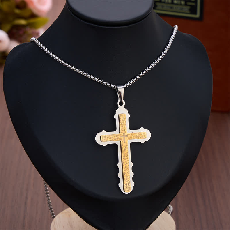 Christianartworkshop Curved Edge Prayer Verse Cross Necklace: Sacred Chest Marker of Heavenly Grace - Golden & Silver - Cuban Link Chain - image 1