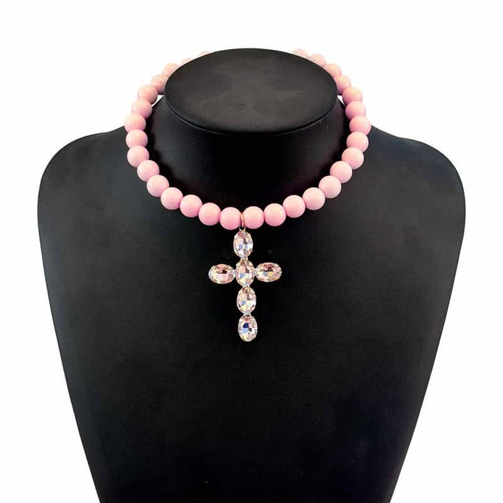 Christianartworkshop Rounded Plastic Bead Jeweled Cross Necklace: Marker for Quiet Meditation - Pink - image 15