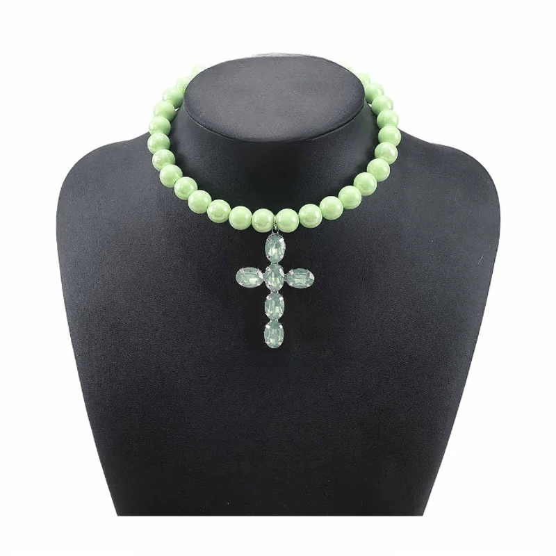 Christianartworkshop Rounded Plastic Bead Jeweled Cross Necklace: Marker for Quiet Meditation - Green - image 21