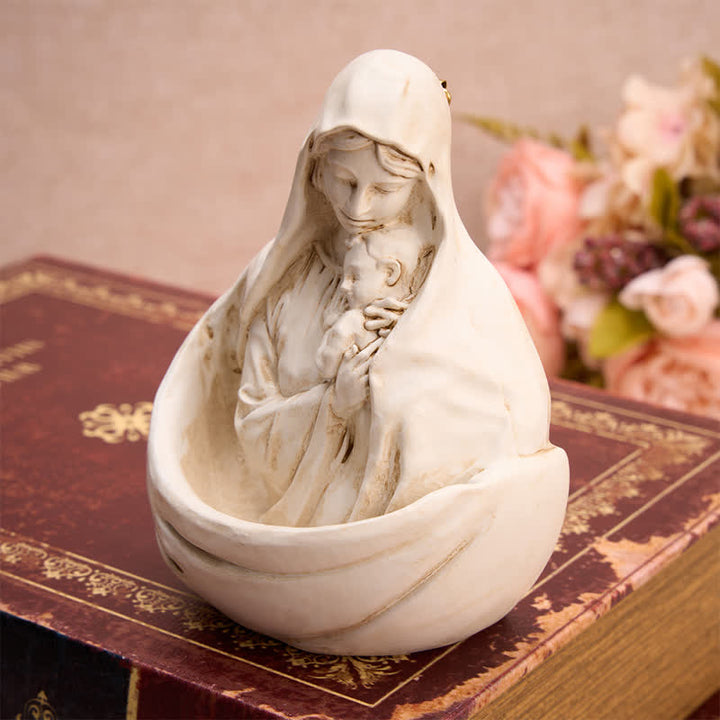 Christianartworkshop Hand-Carved Texture Our Lady Holding Child Holy Water Font - image 2