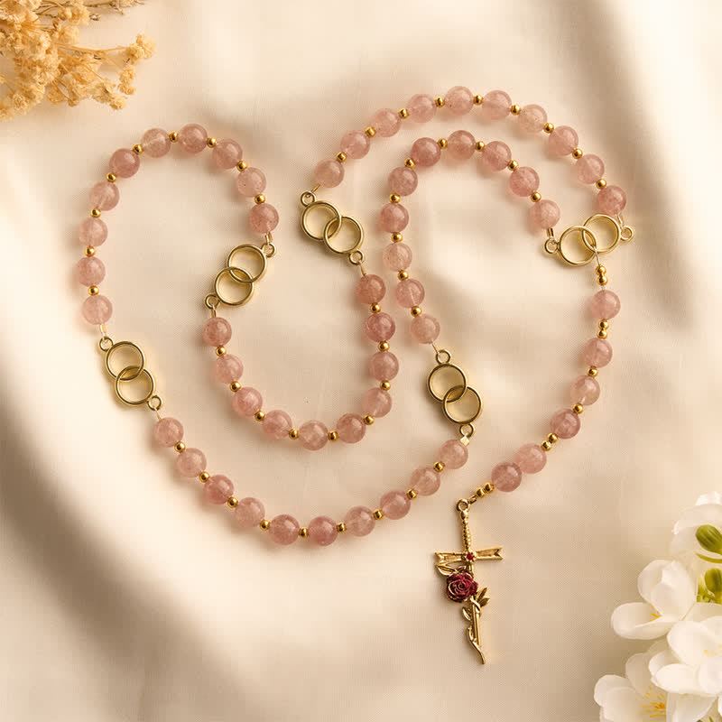 Christianartworkshop Natural Strawberry Quartz Rosary With Double Loop Links & Rose Crucifix - image 3