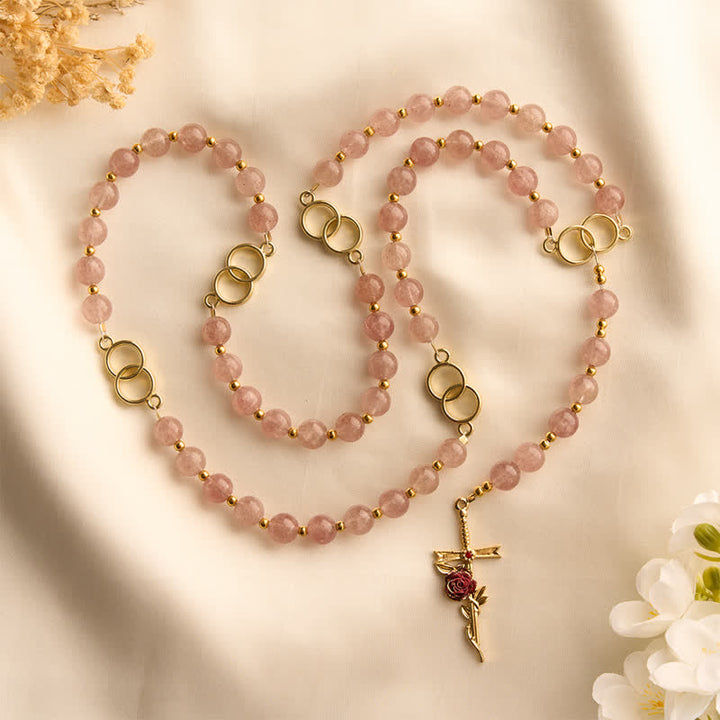 Christianartworkshop Natural Strawberry Quartz Rosary With Double Loop Links & Rose Crucifix - image 3