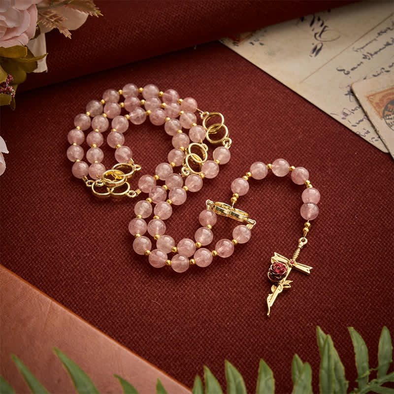 Christianartworkshop Natural Strawberry Quartz Rosary With Double Loop Links & Rose Crucifix - image 1