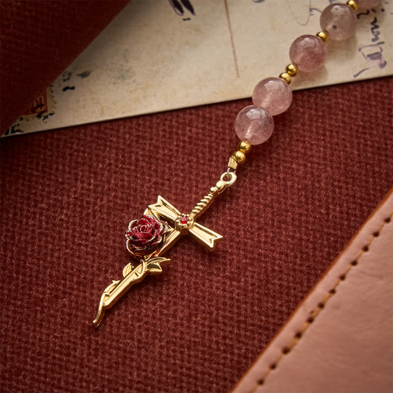 Christianartworkshop Natural Strawberry Quartz Rosary With Double Loop Links & Rose Crucifix - image 9