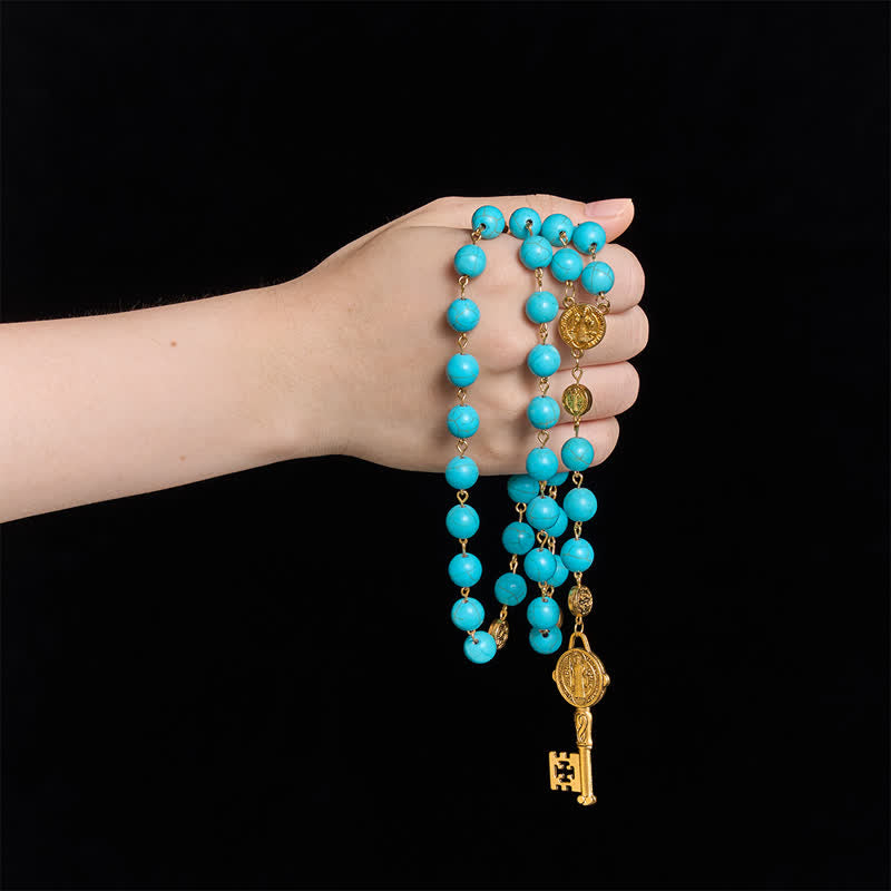 Christianartworkshop Vintage Turquoise Bead Rosary with St. Benedict Medallion Links & Sacred Key - image 1