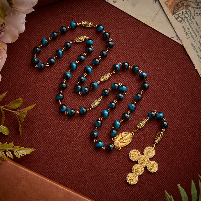 Christianartworkshop Deep Blue Tiger Eye Prayer Rosary with Our Lady of Guadalupe Medallions - image 2