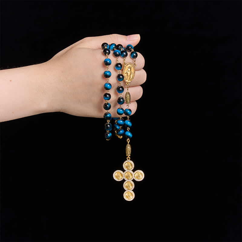Christianartworkshop Deep Blue Tiger Eye Prayer Rosary with Our Lady of Guadalupe Medallions - image 1