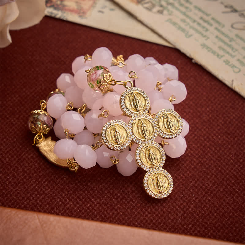 Christianartworkshop Pale Pink Faceted Jade Glass Rosary With Personalized Letter Beads & Floral Accents - image 3