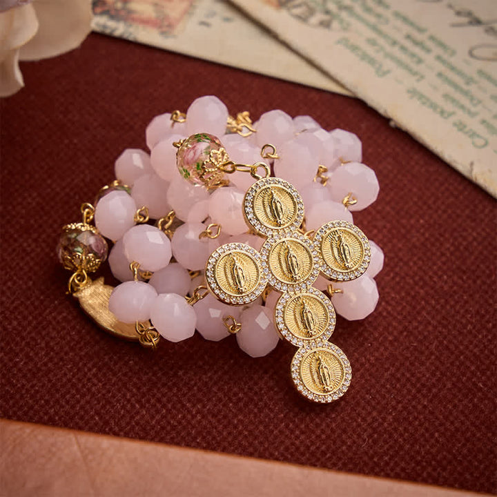 Christianartworkshop Pale Pink Faceted Jade Glass Rosary With Personalized Letter Beads & Floral Accents - image 3