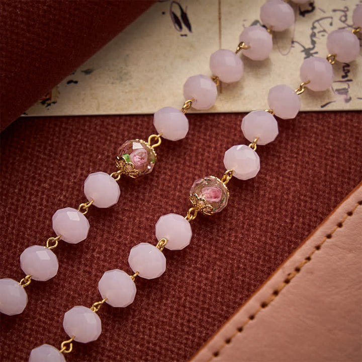 Christianartworkshop Pale Pink Faceted Jade Glass Rosary With Personalized Letter Beads & Floral Accents - image 8