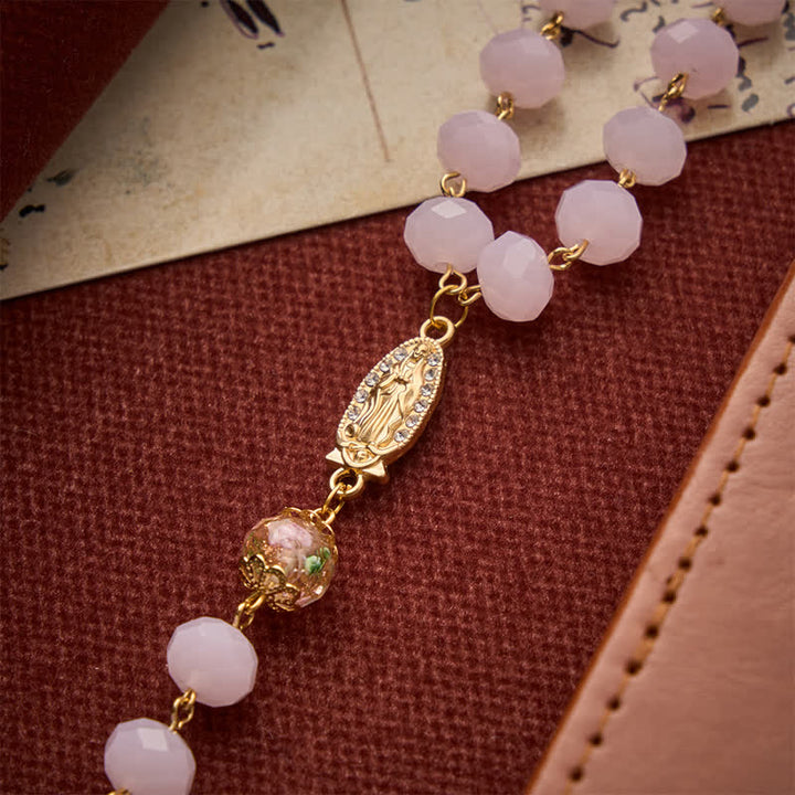 Christianartworkshop Pale Pink Faceted Jade Glass Rosary With Personalized Letter Beads & Floral Accents - image 9